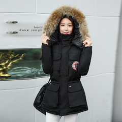 2016冬季新款韩国可脱卸帽真毛领加厚羽绒棉服中长款显瘦棉衣外套