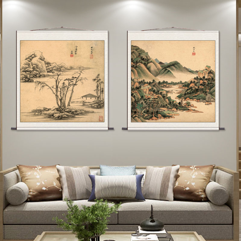 明王鉴仿古山水斗方挂画可定制丝绸壁画装饰卷轴大堂客厅装饰背景