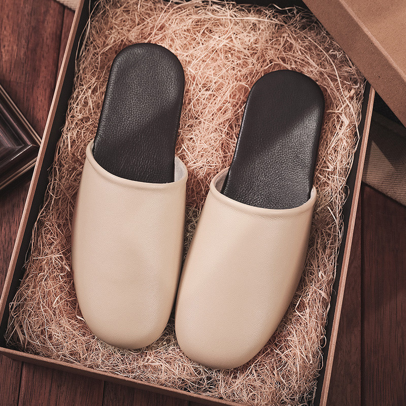 轻奢日式真皮家居拖鞋男春秋冬季室内居家包头羊皮地板酒店拖鞋女