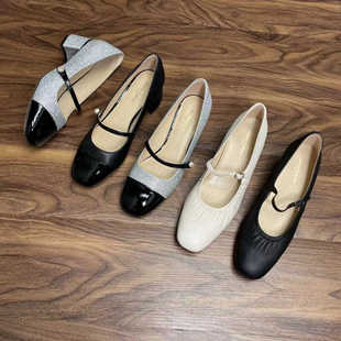 外贸原单羊皮法式银色玛丽珍女鞋2024新款圆头浅口粗跟一字带单鞋