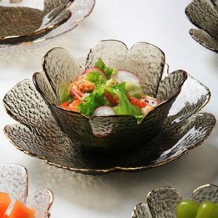 轻奢日式锤纹金边花瓣玻璃碗盘套装家用不规则玻璃沙拉碗水果盘子