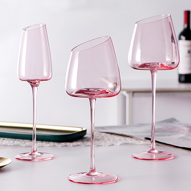 北欧斜口粉红色红酒杯水晶玻璃高脚杯
