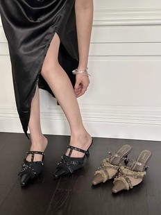 法式气质名媛设计感细跟外穿包头半拖鞋女夏季尖头高跟鞋凉拖鞋