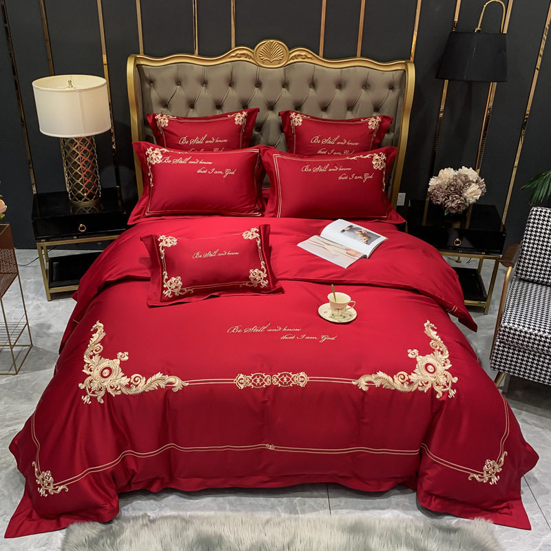 (今日10折)床上用品四件套红色结婚庆纯60支埃及长绒棉欧式高端婚礼