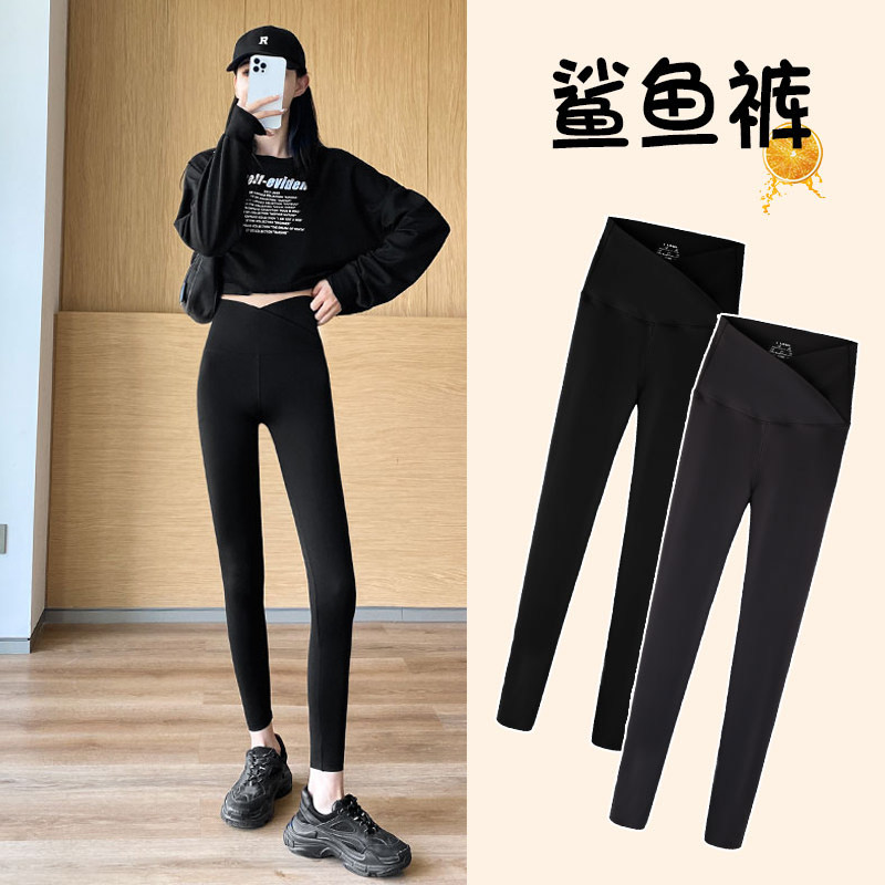 小个子鲨鱼皮打底裤女外穿秋冬季加绒紧身交叉腰九分瑜伽芭比裤子
