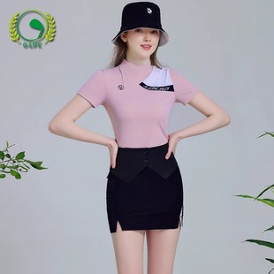高尔夫服装女套装夏款短袖t恤运动速干藕粉色衣服修身显瘦女裙裤