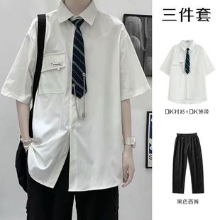 夏季学院风DK制服短袖白衬衫男生痞帅宽松学生薄休闲港风日系衬衣