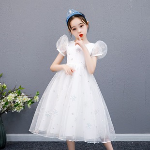 女童连衣裙夏装短袖小女孩洋气冰雪奇缘爱莎公主裙儿童白色礼服裙