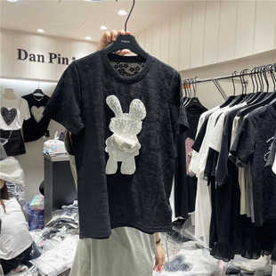 单品DANPIN 2024夏季新款欧货时尚带钻背包兔子蕾丝常规短袖T恤女