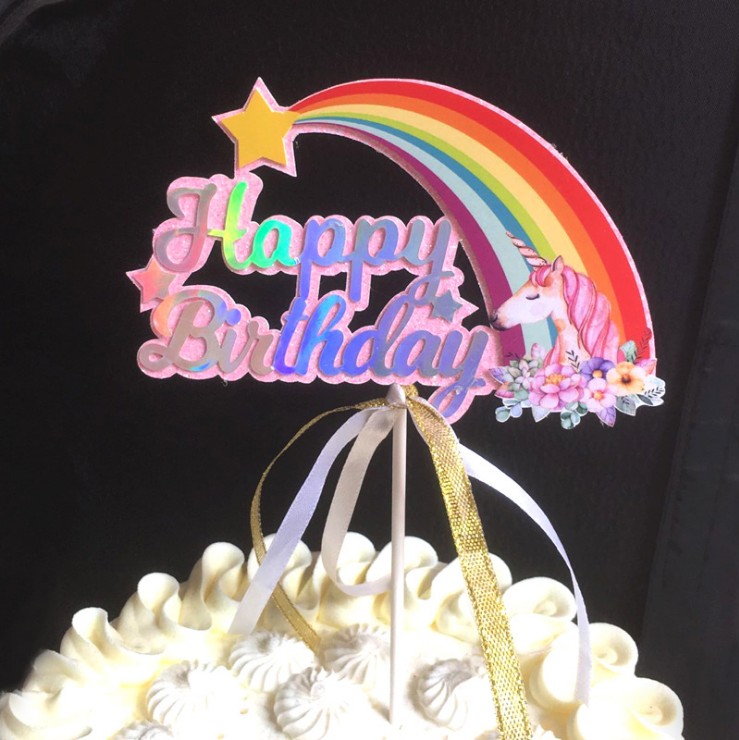 闪耀镭射粉色蓝色彩虹创意彩虹生日蛋糕插件绚烂彩虹烘焙派对装饰