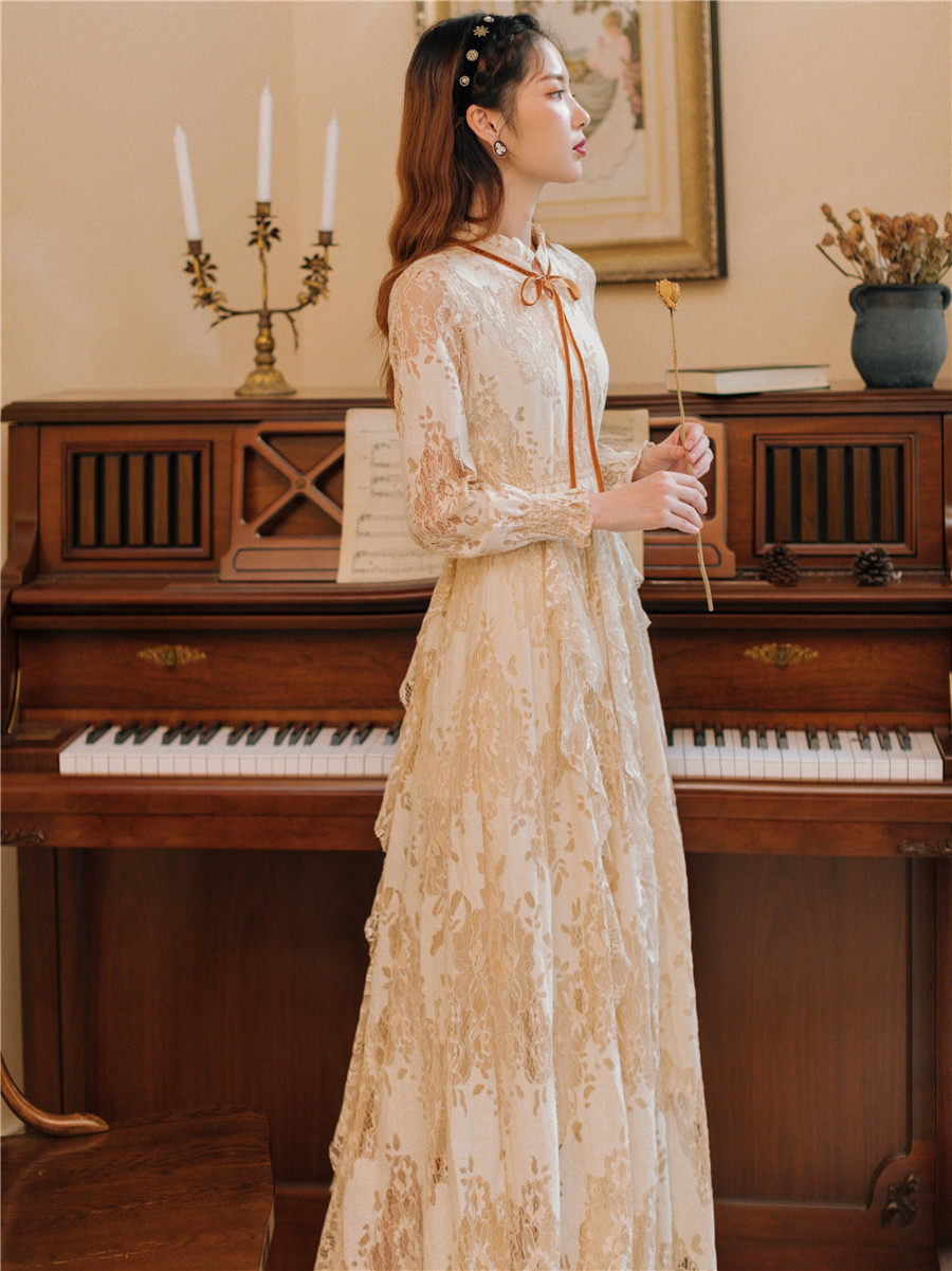 2020新款女装长袖蕾丝仙女裙秋冬款超仙的法式少女长裙年会礼服裙