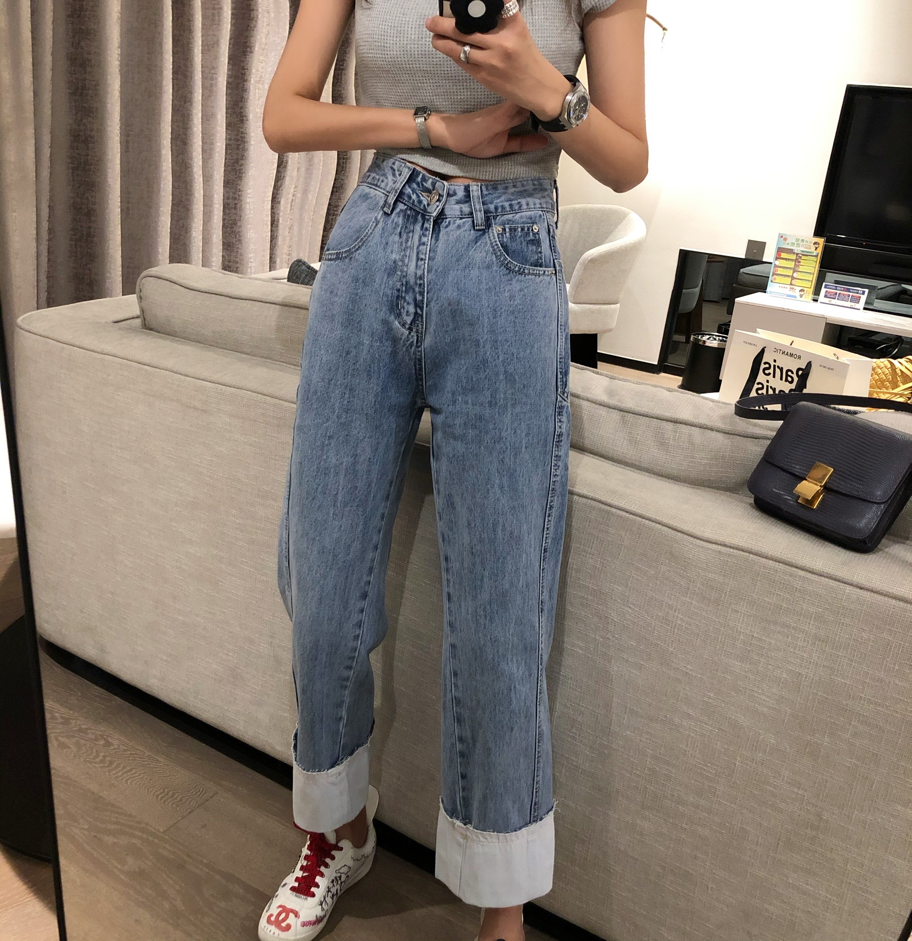 阔腿卷边牛仔裤女九分翻边