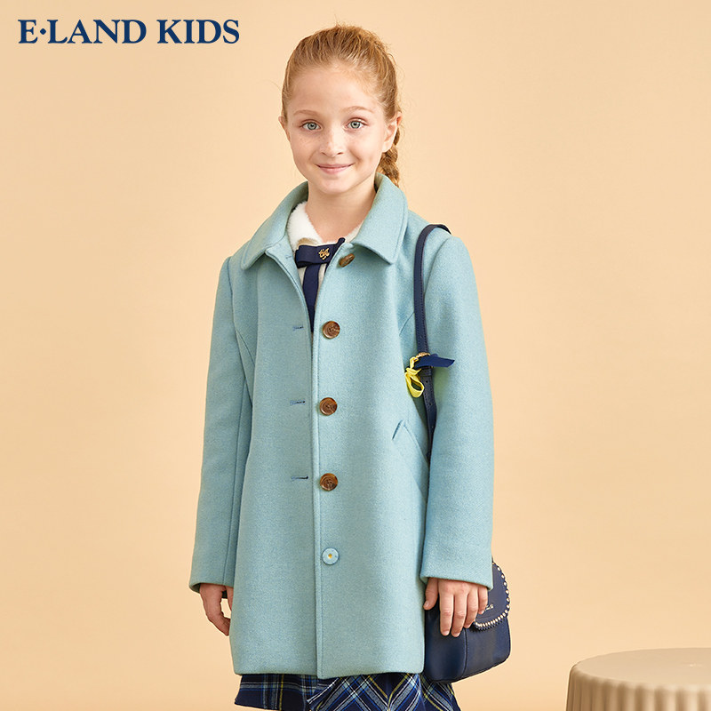 elandkids衣恋童装秋冬新款女童英伦风翻领排扣毛呢大衣