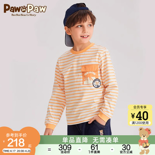 PawinPaw卡通小熊童装24年春夏新款男童圆领卡通印花条纹长袖T恤