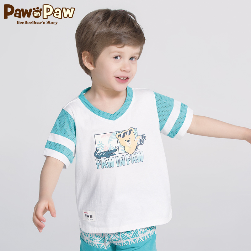 Pawinpaw卡通小熊童装18年秋款男童新款撞色中小童短袖T恤,降价幅度39.9%