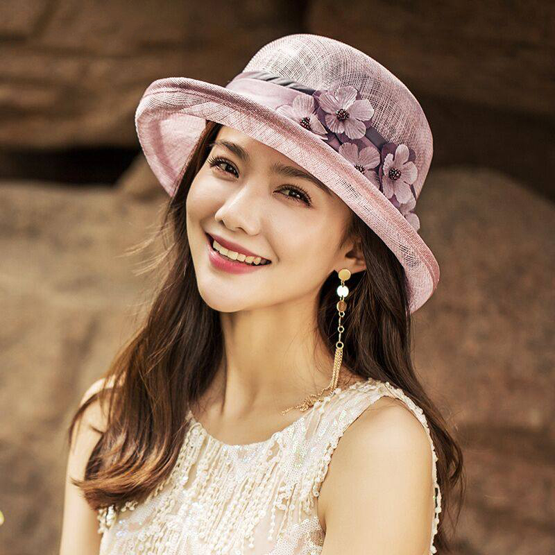 防晒夏季新款麻纱帽子女士时尚轻卷边宽檐遮阳帽复古宴会礼帽夏