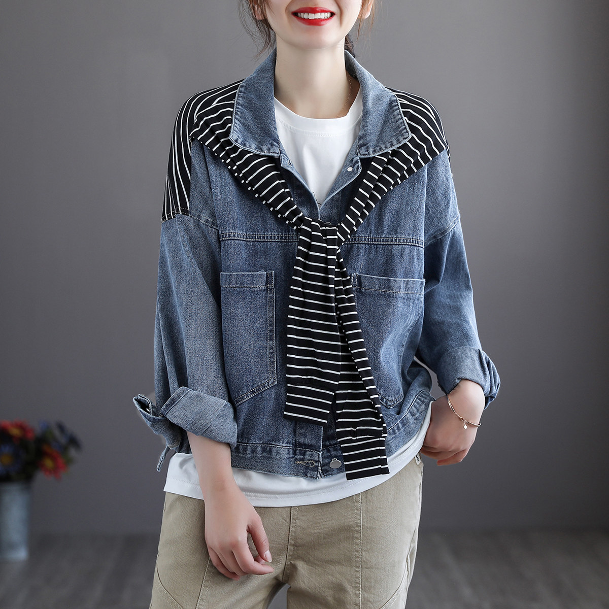 披肩假两件套_代勒文艺复古条纹披肩假两件牛仔短外套女士春季新款工
