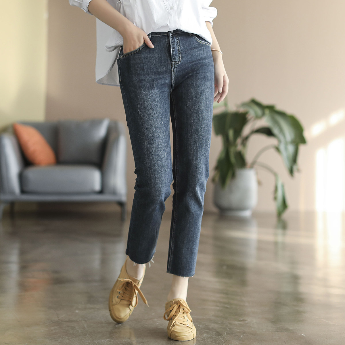 代勒文艺复古全棉水洗棉弹休闲牛仔裤女士宽松显瘦高腰九分铅笔裤