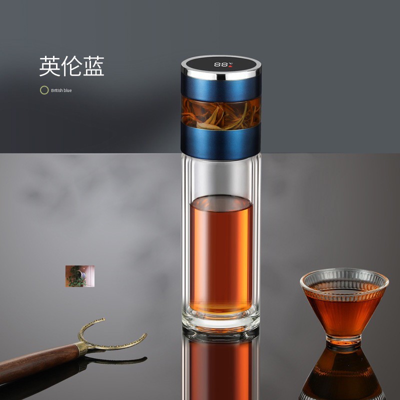 柯纳汽车用品茶水分离泡茶杯显示温度双层玻璃水杯尚劲汽车用品