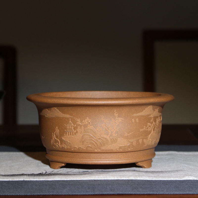 泥绘圆形段泥精品紫砂花盆透气宜兴手