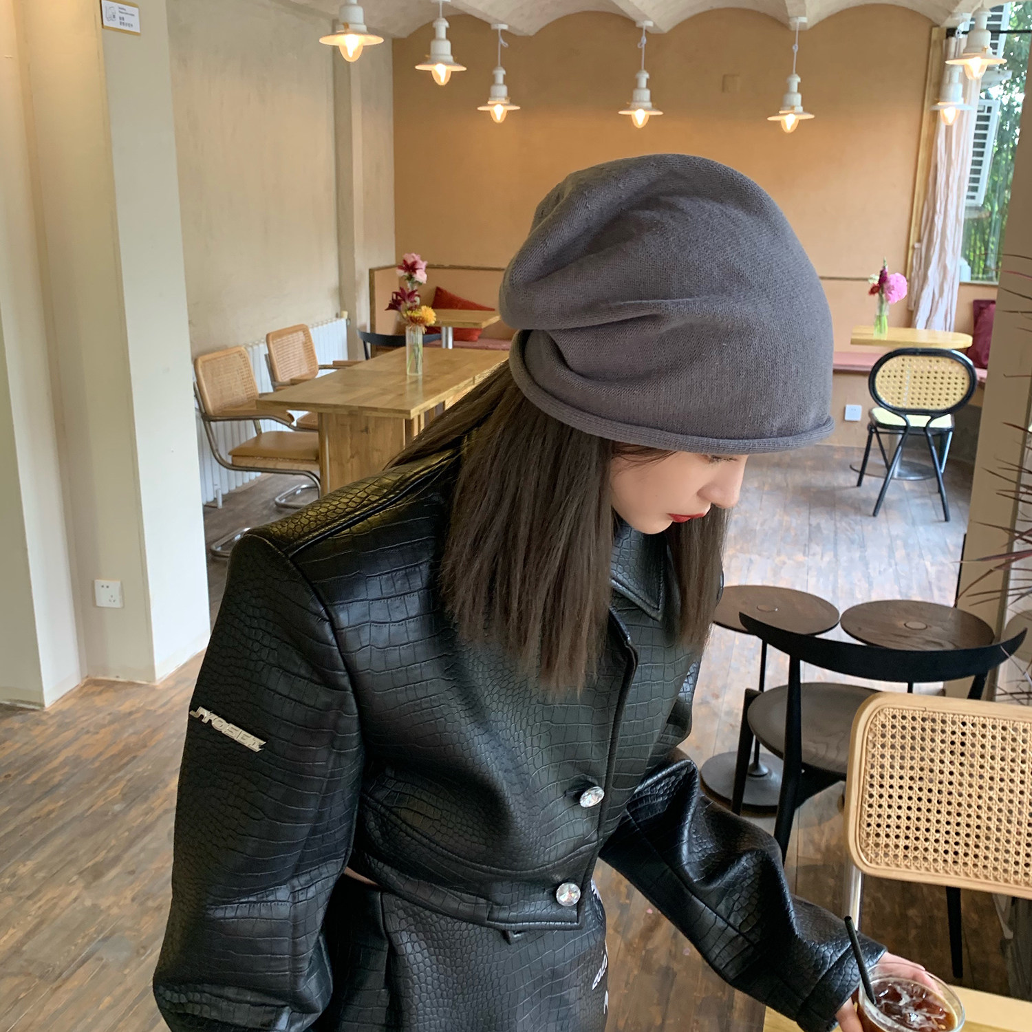 蜗牛爬爬家 网红堆堆帽子女春季凹造型套头包头帽日系秋天冷帽潮