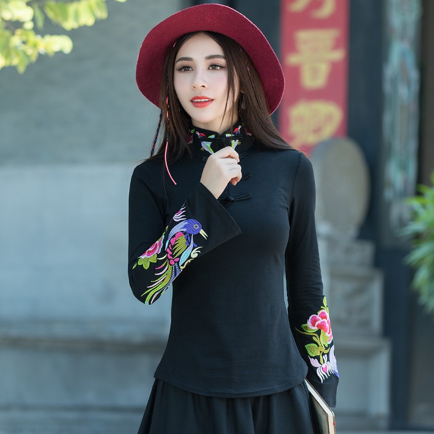 绣花鸟民族风女装秋冬新款修身刺绣上衣 长袖立领打底衫大码T恤女在类目 女装/女士精品, T恤中 - 来自Buy2taobao.com提供专业的淘宝代购服务