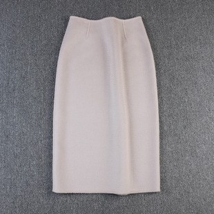 水波纹淡紫灰半身中长裙女 秋冬季保暖双面羊绒毛呢包臀直筒开叉