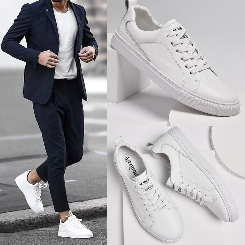 头层牛皮小白鞋男士英伦男鞋配休闲西装韩版百搭西服鞋子白色板鞋