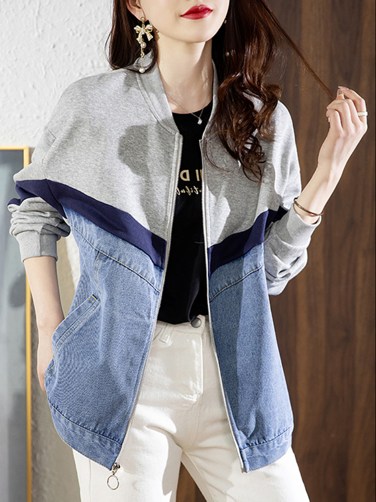 九月陌墨牛仔拼接外套休闲女夹克