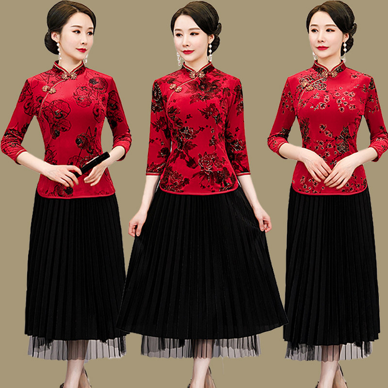 中国风改良旗袍上衣套装春秋新款女蓝海中式复古唐装上衣两件套裙
