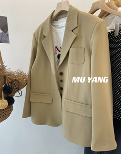 MUYANG 进口面料！私服 高级设计感小木扣宽松休闲西装外套女早春