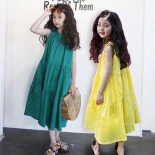 韩版童装女童连衣裙夏季24新款纯棉背心长裙中大儿童度假沙滩裙子