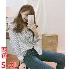 韩版学院风条纹长袖衬衫女衬衣