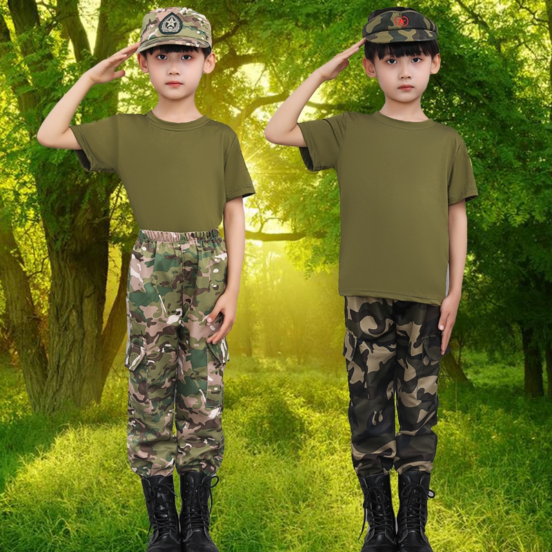 新款儿童夏令营军装迷彩服短袖男童特种兵套装军训警察表演幼儿园