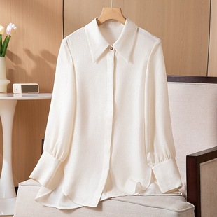2024春装新款高端大牌白色真丝衬衫女100%桑蚕丝纯色长袖立领上衣