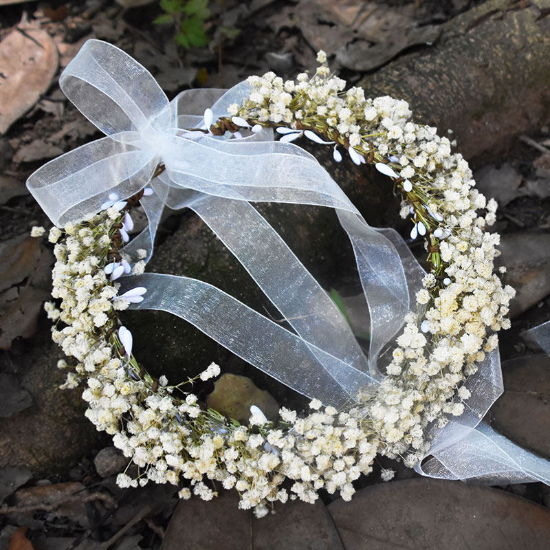 森系满天星发饰永生花新娘拍照伴娘团手头戴干花儿童花环头饰大人