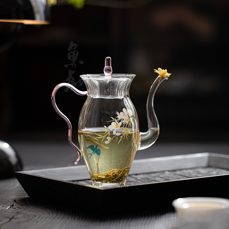 鱼戏耐热玻璃透明仿宋手执茶壶手工贴花家用绿茶泡茶壶单壶花茶壶