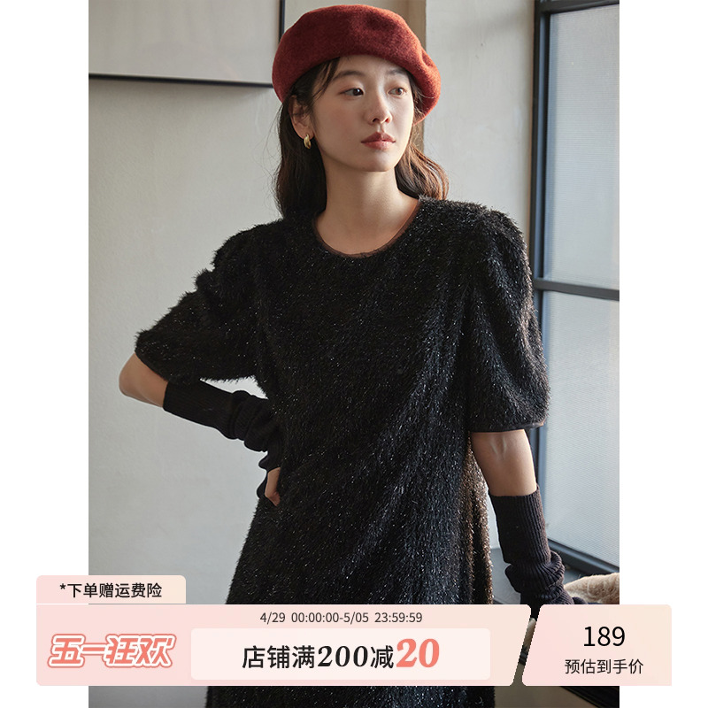 猫酱紫黑色圆领短袖连衣裙女2023年复古气质显瘦小众高端A字裙