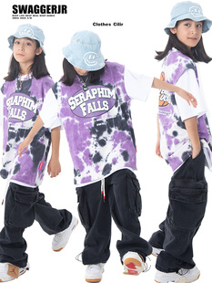 街舞儿童潮服嘻哈炸街扎染背心男童套装女童爵士舞hiphop表演出服