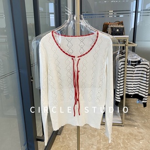 韩国设计师款 早春撞色边系带开衫镂空菱格纹修身短款白色小外套