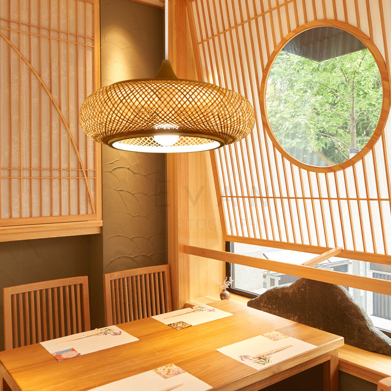 日式复古竹编吊灯创意餐厅灯北欧餐馆饭店火锅店原木风灯具藤艺灯