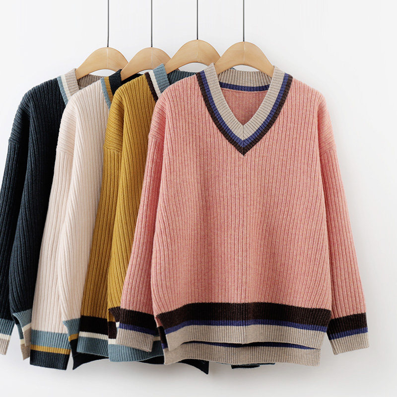 套头毛衣女秋冬宽松外穿加厚韩版温柔针织鸡心领拼色前短后长开叉
