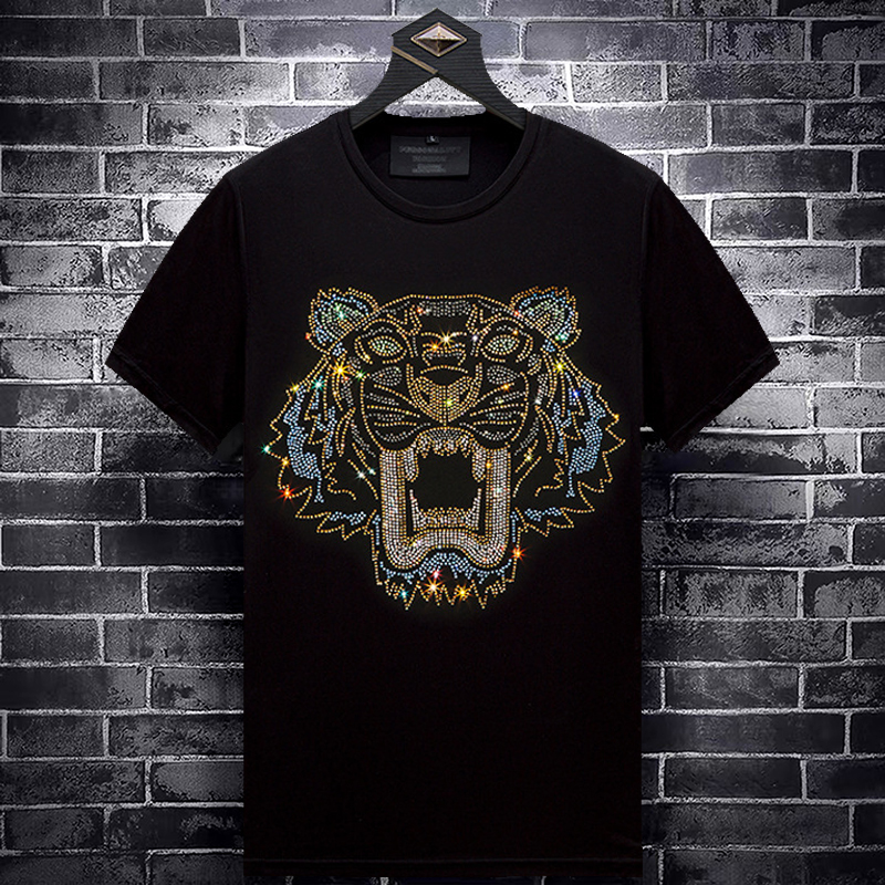 新款欧洲站烫钻潮牌虎头短袖t恤男小领口丝光棉镶钻老虎头体恤衫
