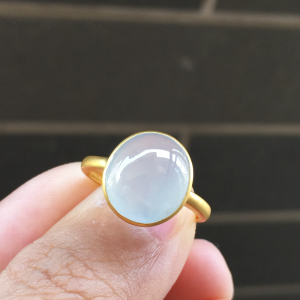 翡翠天然a货白冰种玉蛋面戒面18k金包镶嵌女士玉戒指戒圈0242