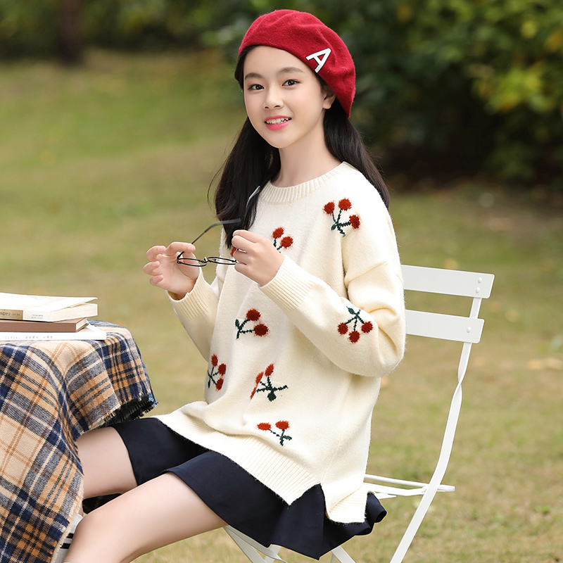 少女学生毛衣2021秋冬新款韩版宽松初中生冬装甜美可爱圆领针织衫