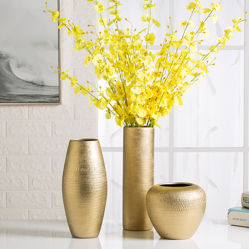 新中式陶瓷花瓶摆件轻奢电镀金色台面三件套家居客厅玄关软装饰