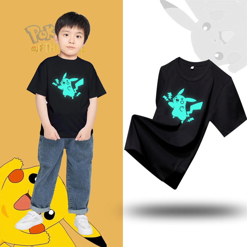 动漫周边皮卡丘图案联名t恤儿童男女童短袖夏季童装夜光反光衣服