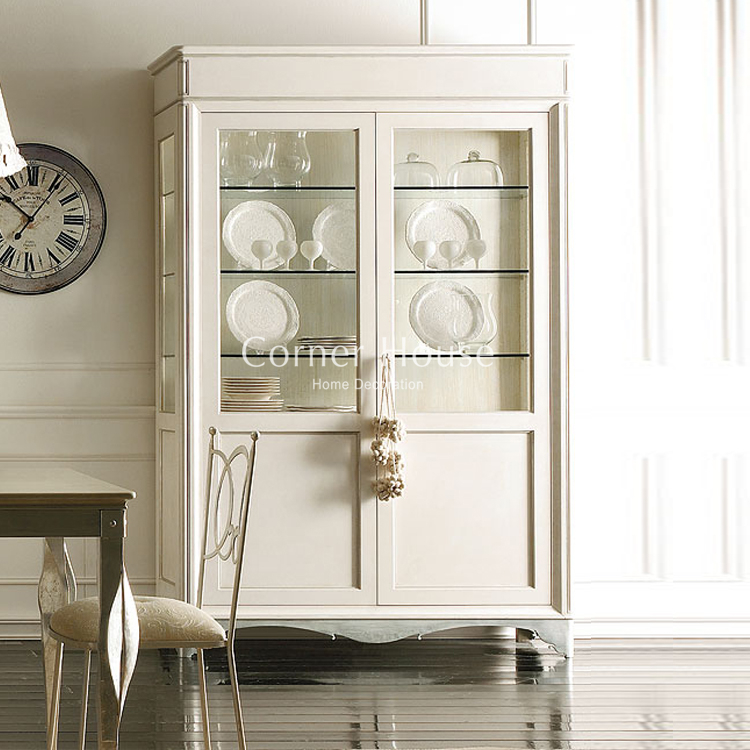 corner house欧式客厅雅士白色实木玻璃门酒柜美式轻奢双门展示柜