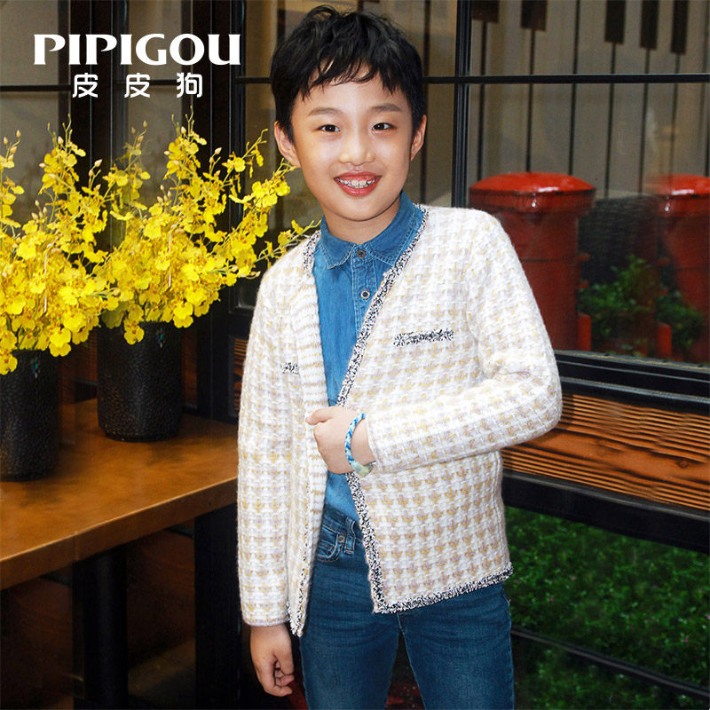 皮皮狗童装羊绒开衫新款圆领粗花呢外套