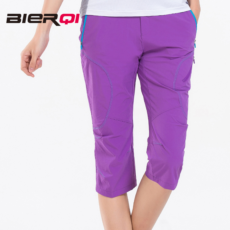 比尔齐户外女裤子夏季薄款运动速干裤女士七分裤登山短裤宽松紫色